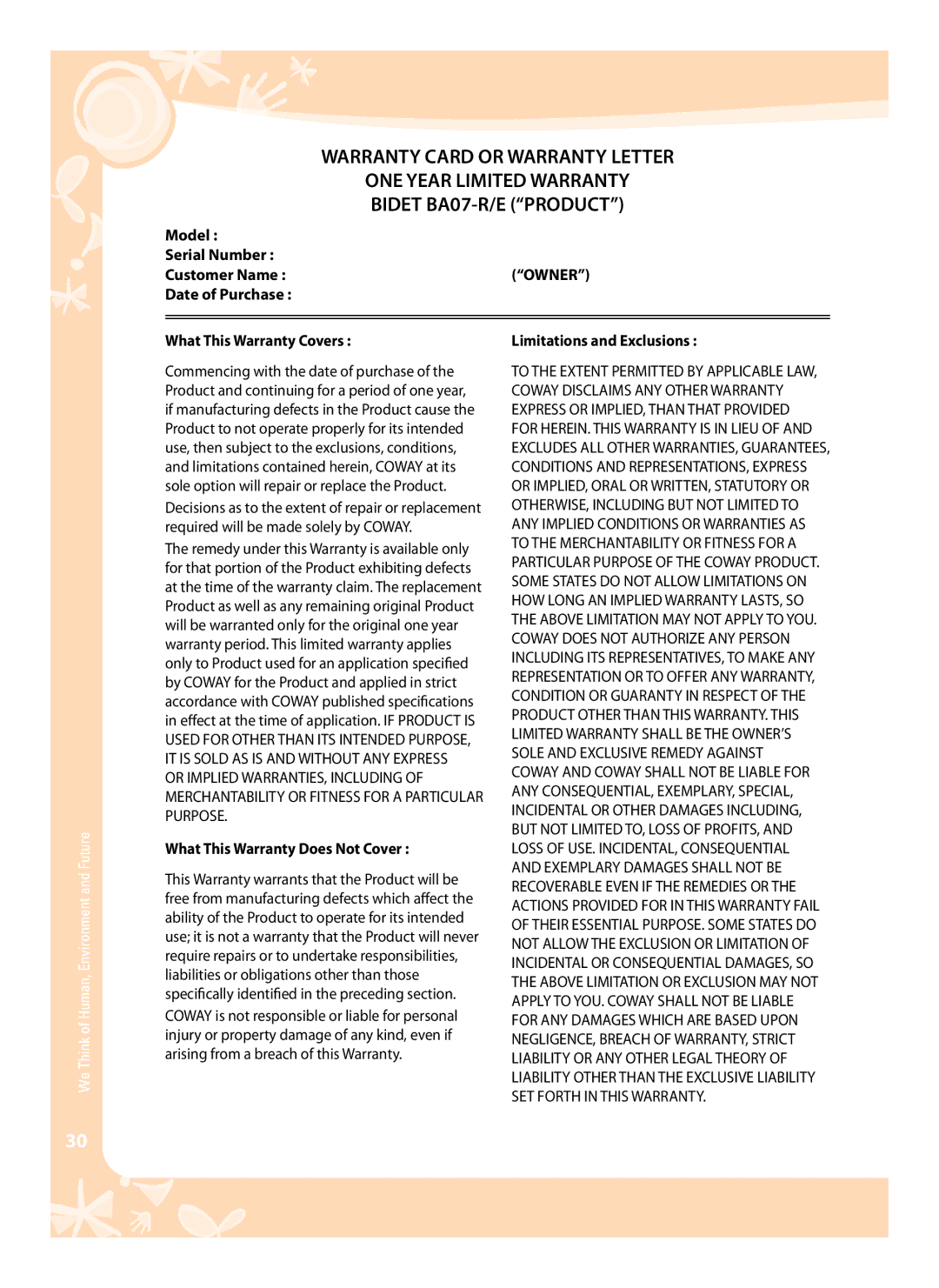 Coway BA07-E, BA07-R user manual What This Warranty Does Not Cover 