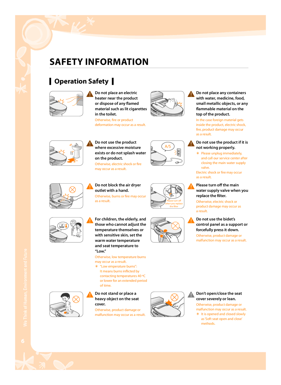 Coway BA07-E Do not stand or place a heavy object on the seat cover, Do not use the product if it is not working properly 