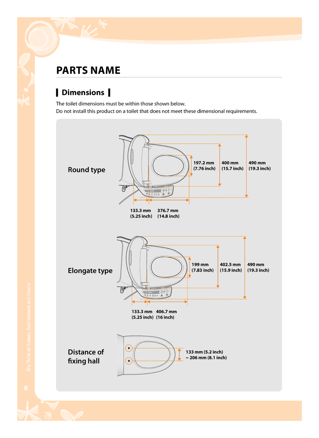 Coway BA07-E, BA07-R user manual Parts Name, Dimensions, Distance of ﬁxing hall 