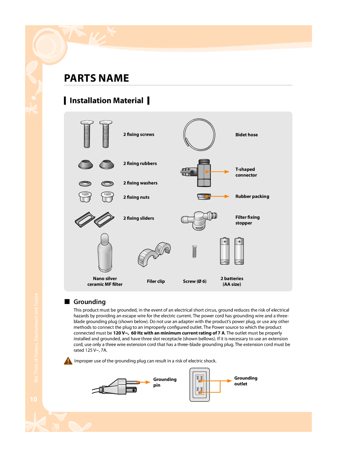 Coway BA08-AR, BA08-AE warranty Installation Material,  Grounding, Fixing sliders Filter fixing Stopper, Filer clip Screw Ø 