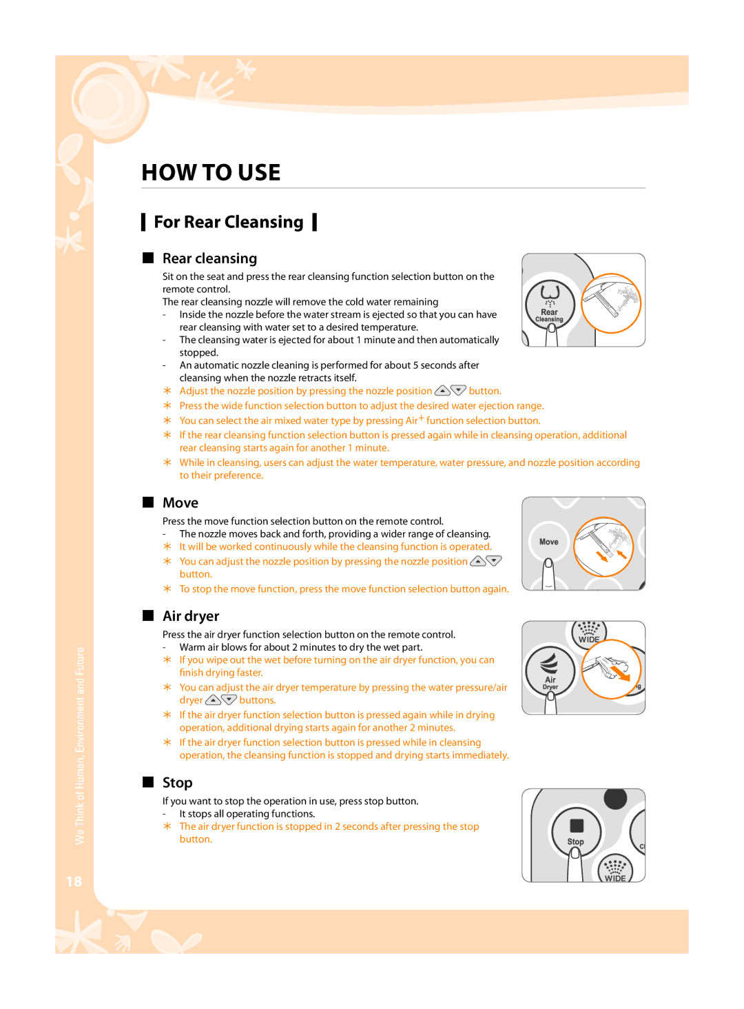 Coway BA08-AR, BA08-AE warranty HOW to USE, For Rear Cleansing 