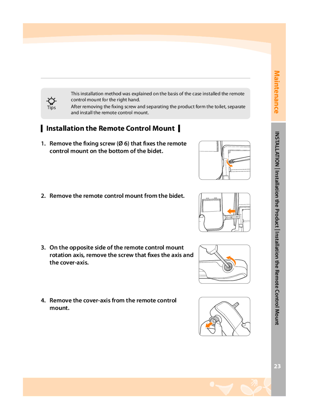 Coway BA08-AE, BA08-AR warranty Installation the Remote Control Mount 