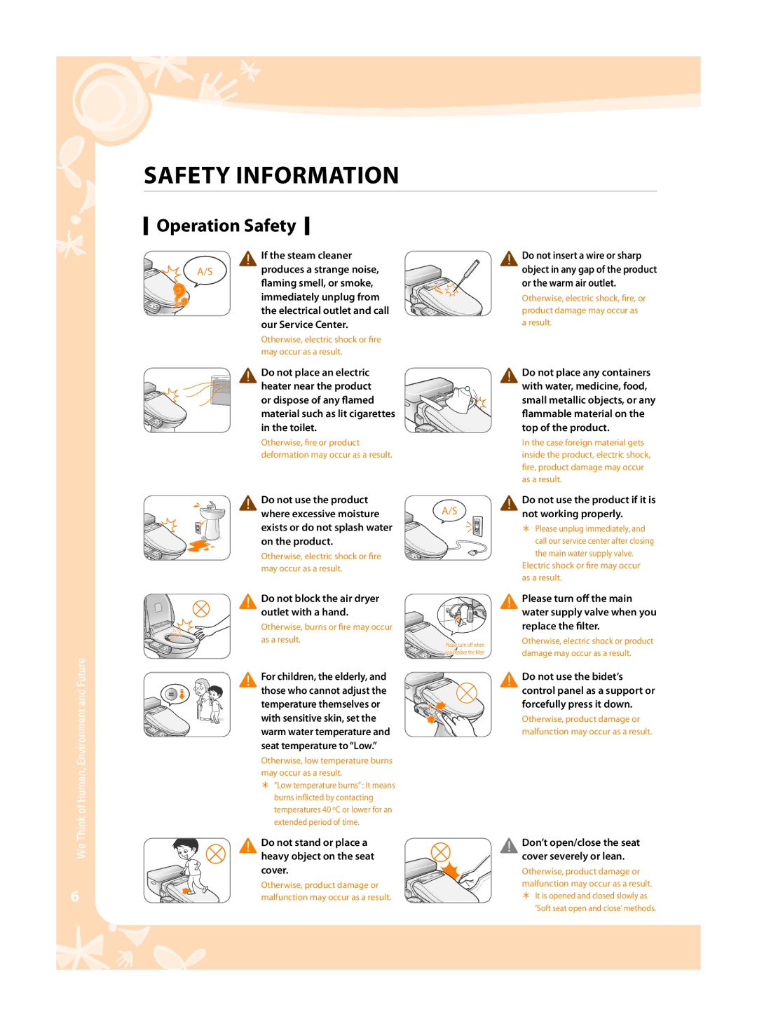 Coway BA08-AR, BA08-AE warranty Operation Safety, Do not stand or place a heavy object on the seat cover 