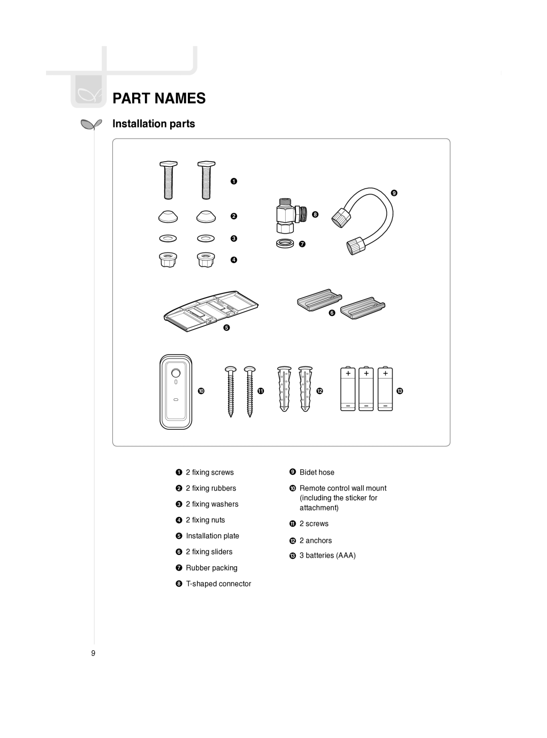 Coway BA13-BR, BA13-BE, BA13-AE, BA13-AR manual Installation parts 