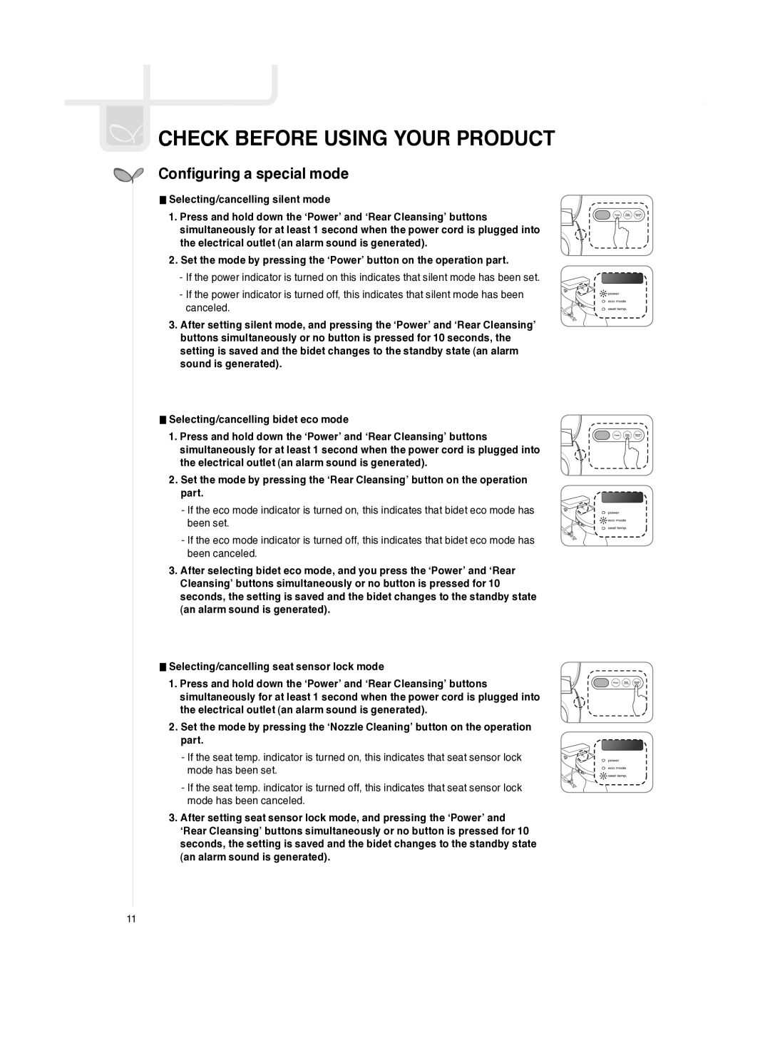 Coway BA13-BE, BA13-AE, BA13-BR, BA13-AR manual Configuring a special mode 