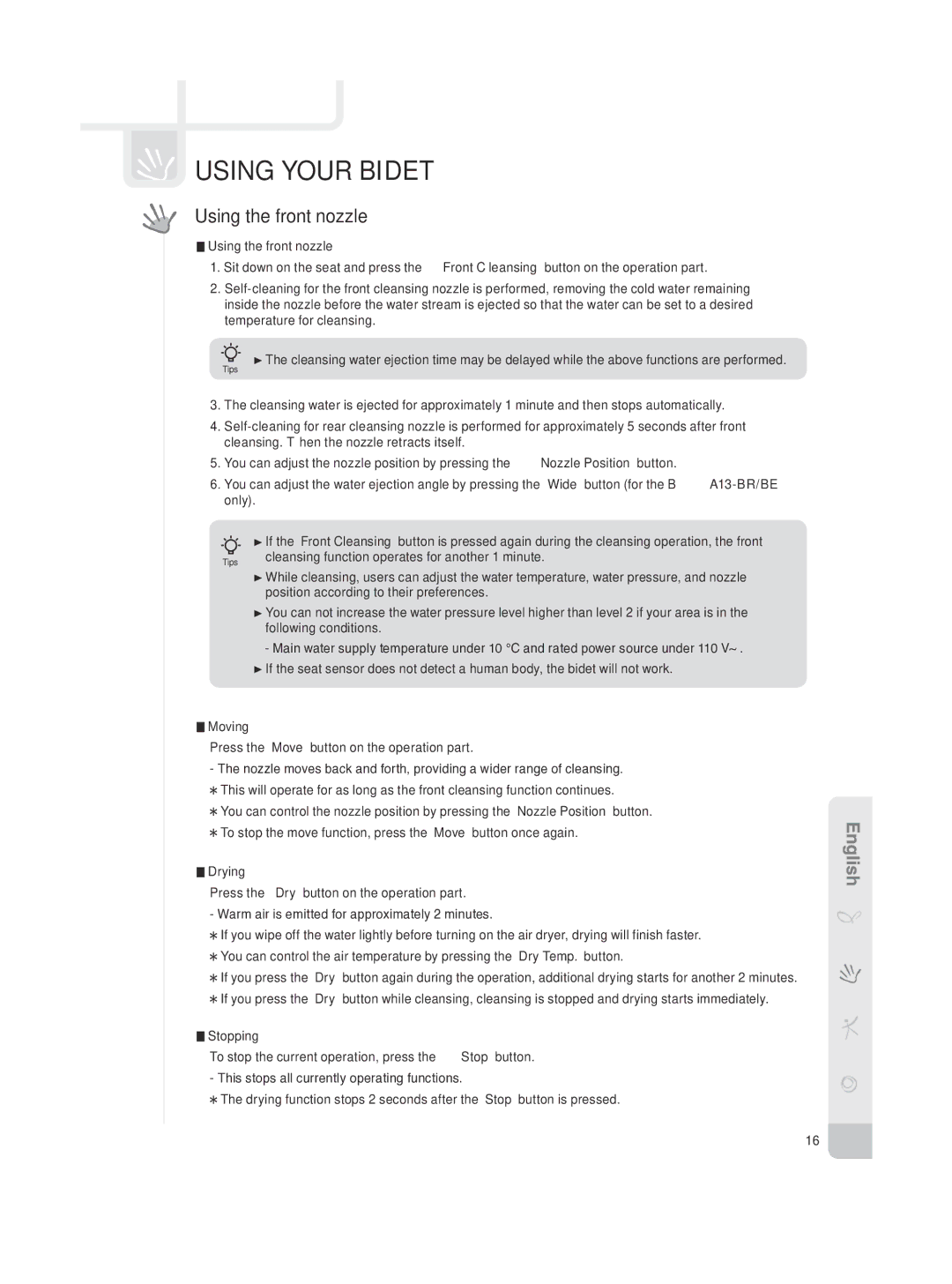 Coway BA13-AE, BA13-BE, BA13-BR, BA13-AR manual Using the front nozzle 