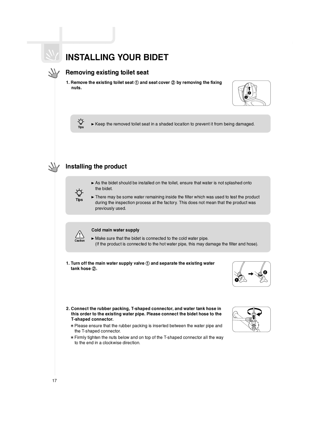 Coway BA13-BR manual Installing your bidet, Removing existing toilet seat, Installing the product, Cold main water supply 