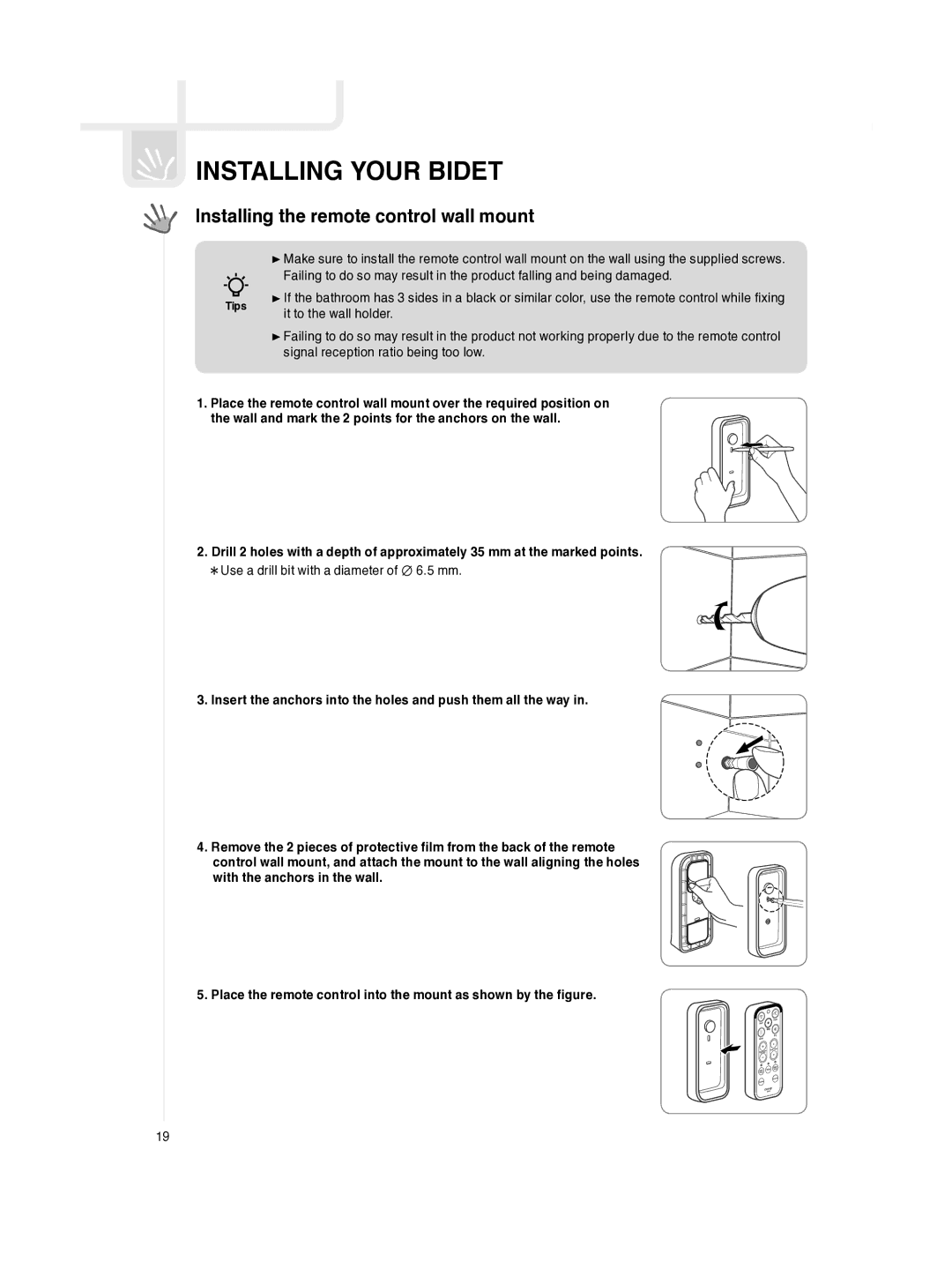 Coway BA13-BE, BA13-AE, BA13-BR, BA13-AR manual Installing the remote control wall mount, It to the wall holder 