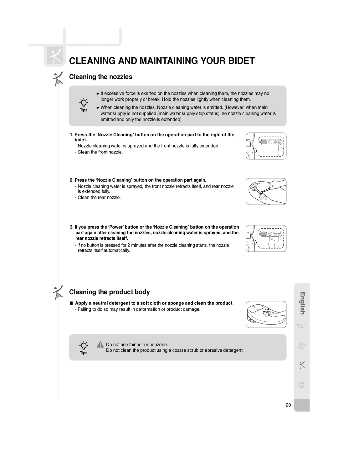 Coway BA13-AE, BA13-BE, BA13-BR manual Cleaning and maintaining your bidet, Cleaning the nozzles, Cleaning the product body 