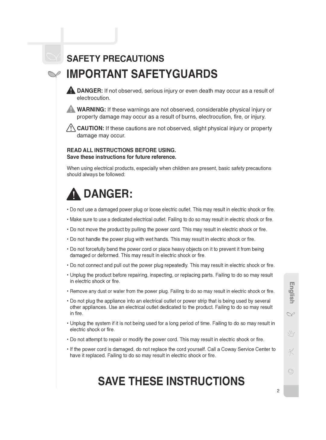 Coway BA13-AR, BA13-BE, BA13-AE, BA13-BR manual Important Safetyguards, Safety precautions 
