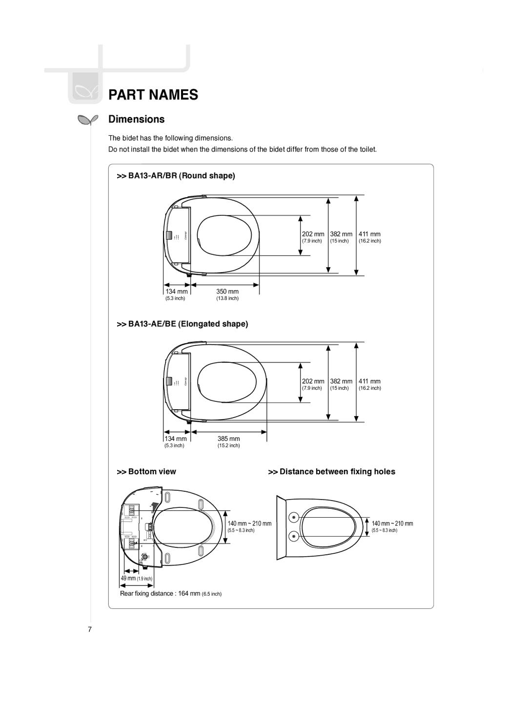 Coway BA13-BE, BA13-AE, BA13-BR, BA13-AR manual Part Names, Dimensions, Distance between fixing holes 