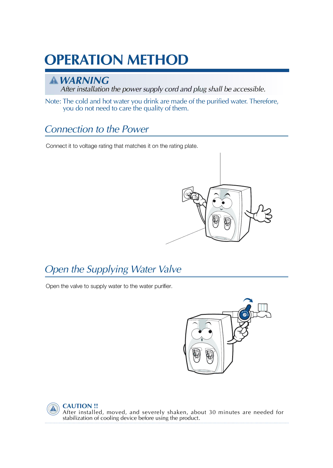 Coway CHP-01BR, CHP-01BU, CHP-01BL manual Operation Method, Connection to the Power, Open the Supplying Water Valve 