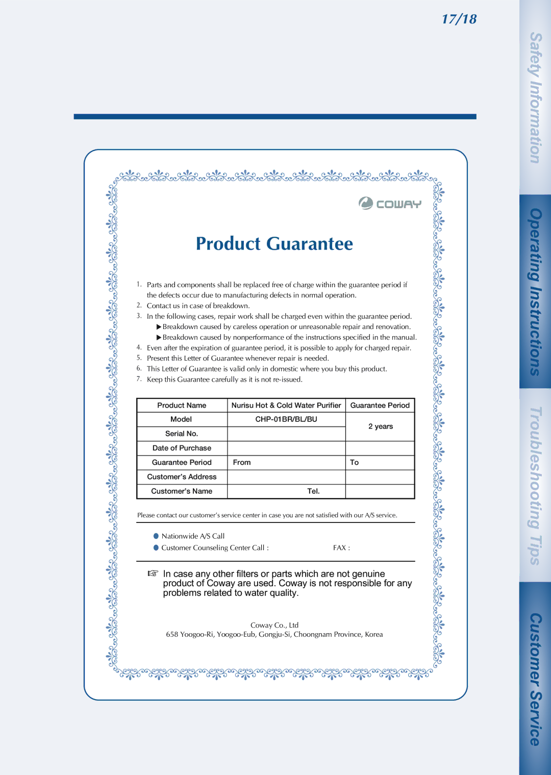 Coway CHP-01BR, CHP-01BU, CHP-01BL manual Product Guarantee 