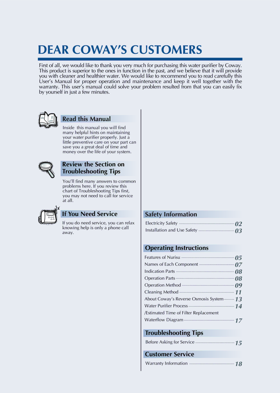 Coway CHP-01BL, CHP-01BU, CHP-01BR manual Dear COWAY’S Customers, Read this Manual 