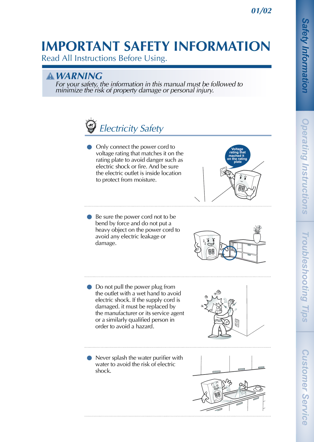 Coway CHP-01BU, CHP-01BR, CHP-01BL manual Important Safety Information, Electricity Safety 