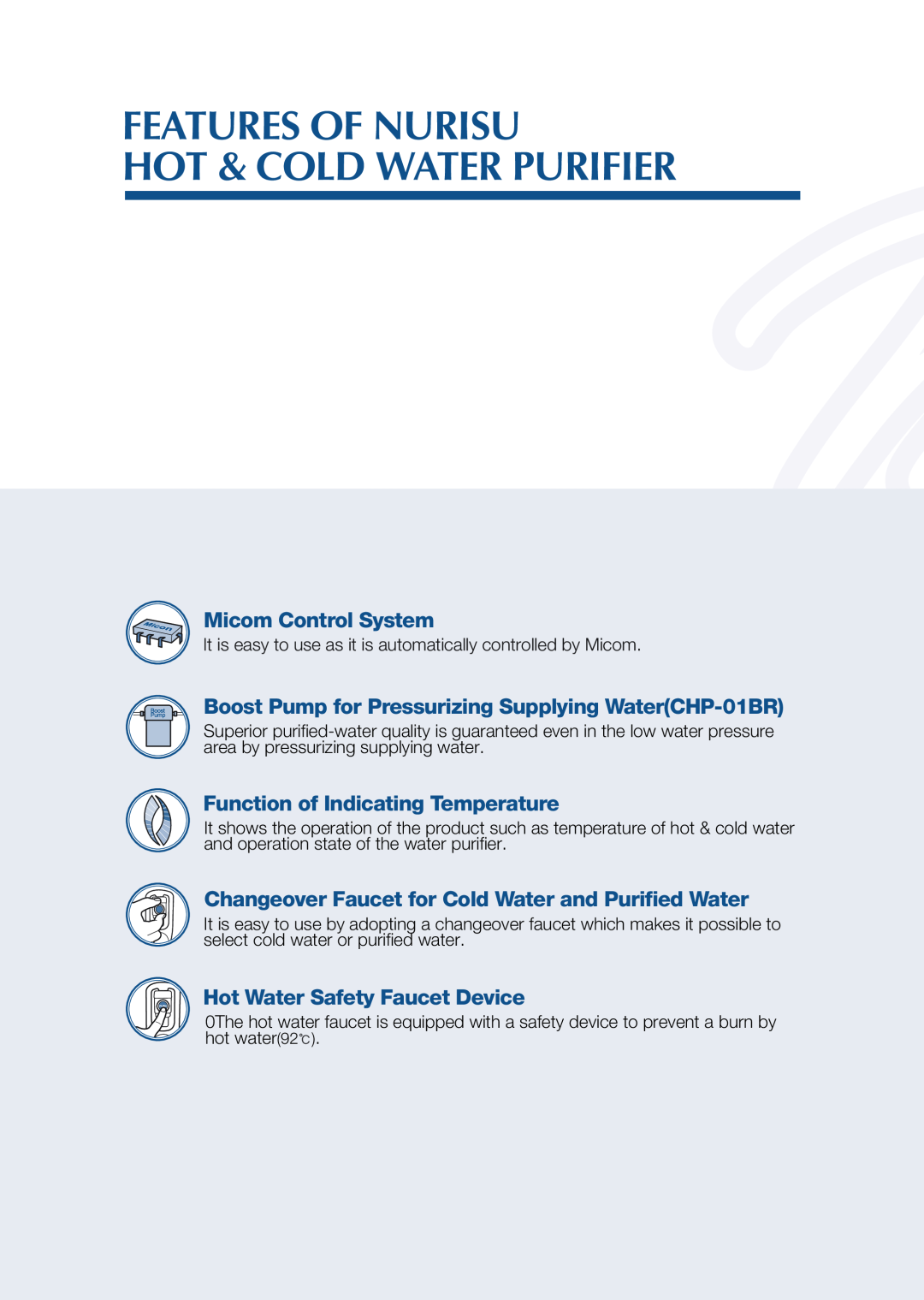 Coway CHP-01BU Features Of Nurisu Hot & Cold Water Purifier, Micom Control System, Function of Indicating Temperature 