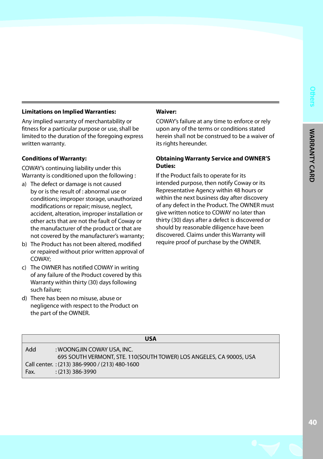 Coway CHP-03AU, CHP-03AL, CHP-03AR warranty Others DR WA Anty CA, Limitations on Implied Warranties 