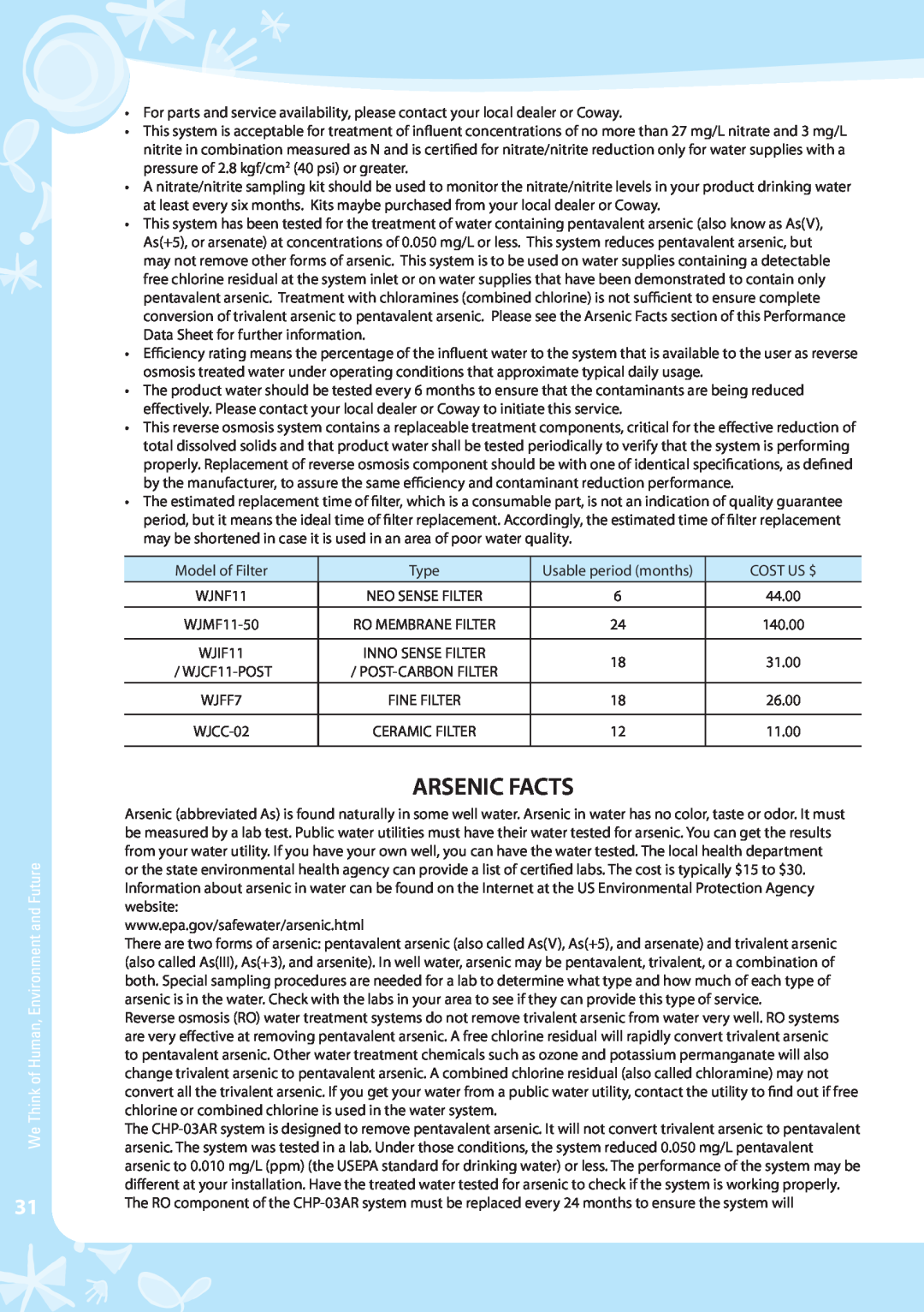 Coway CHP-03AU, CHP-03AL, CHP-03AR warranty Arsenic Facts 