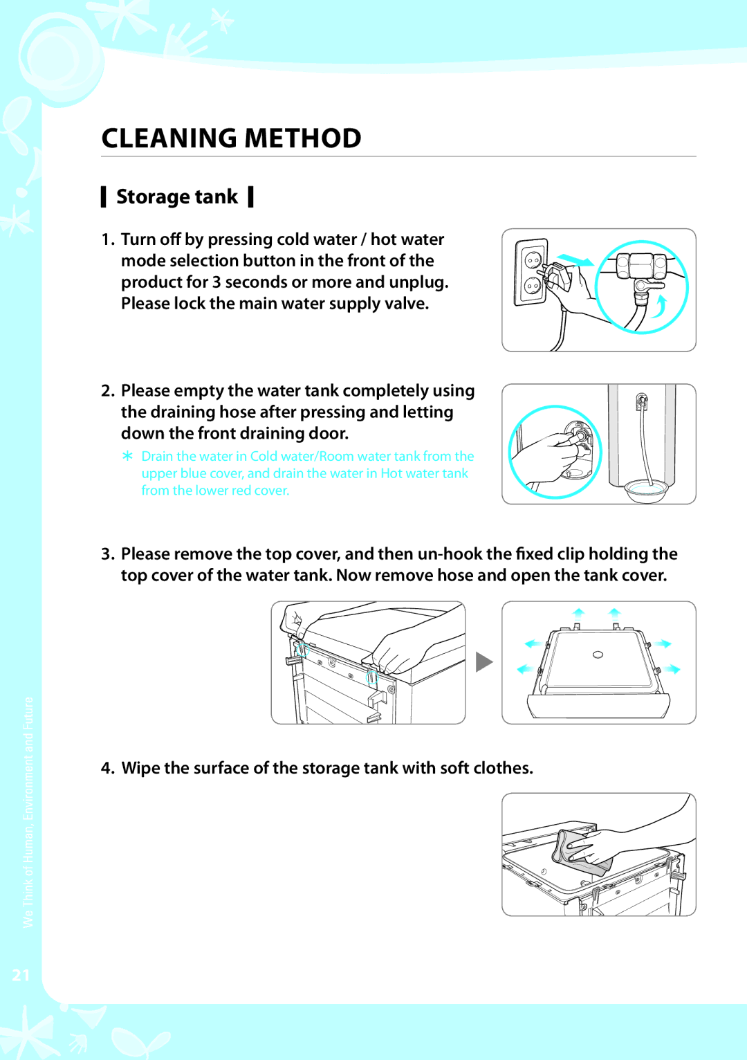 Coway CHP-04AU, CHP-04AL, CHP-04AR Cleaning Method, Storage tank, Wipe the surface of the storage tank with soft clothes 