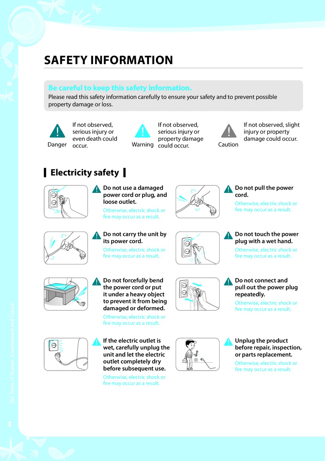 Coway CHP-04AU, CHP-04AL, CHP-04AR warranty Safety information, Electricity safety 