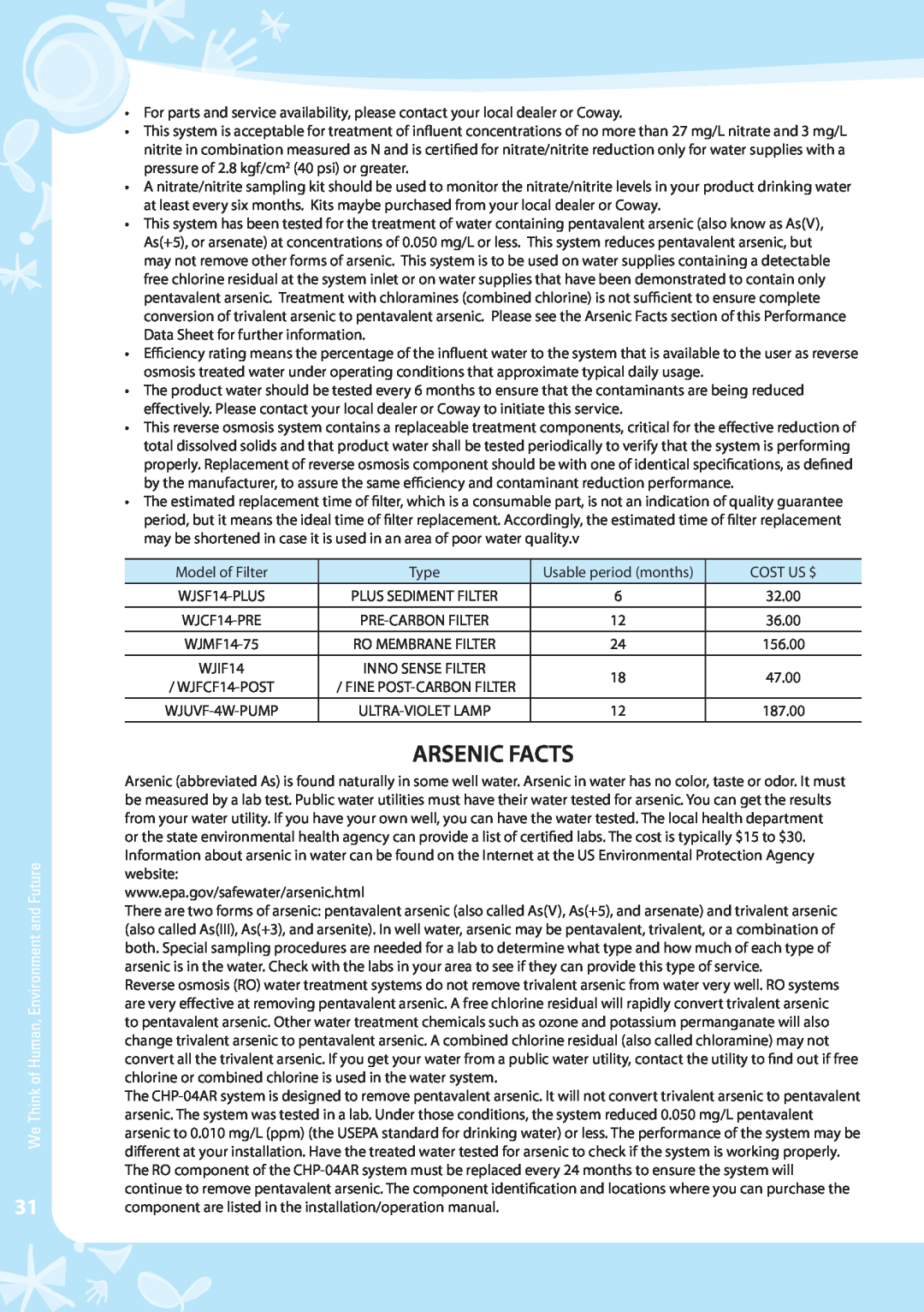 Coway CHP-04AR, CHP-04AL, CHP-04AU warranty Arsenic Facts 