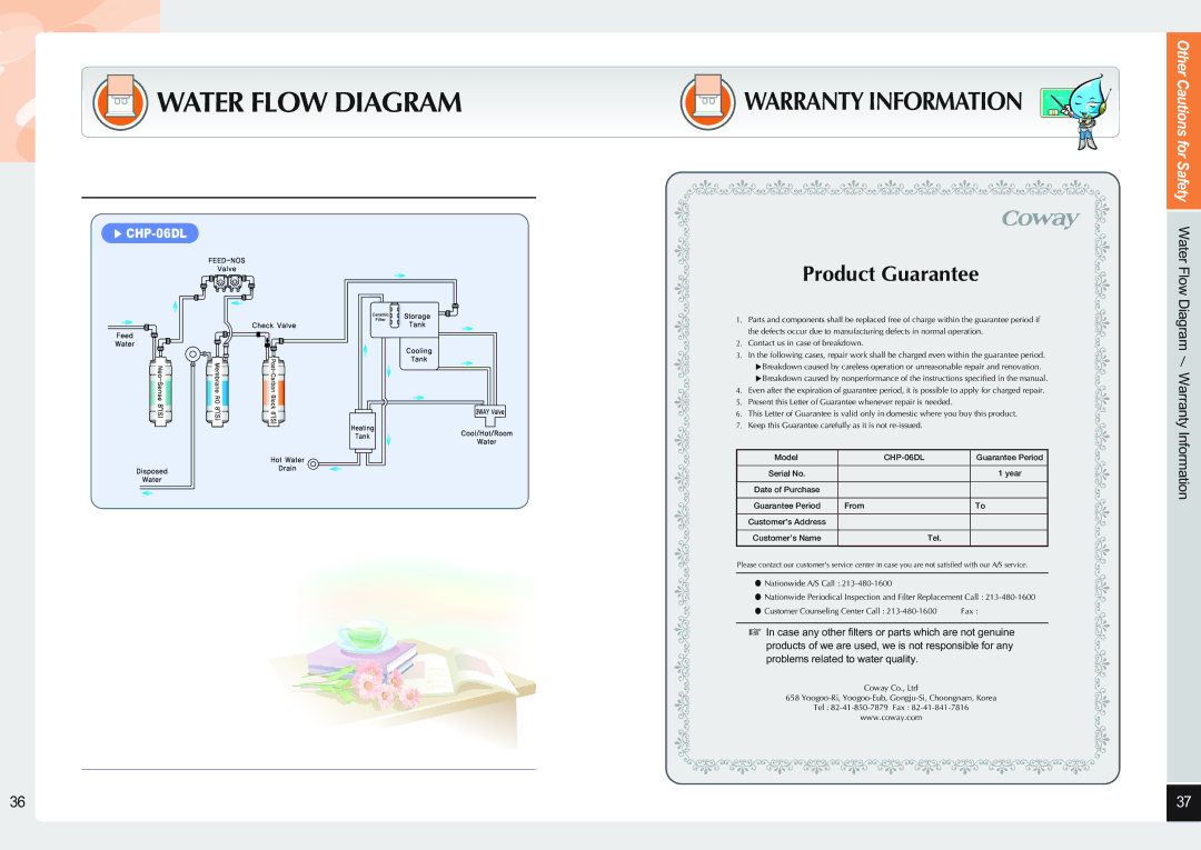 Coway CHP-06DL user manual Water Flow Diagram Warranty Information 