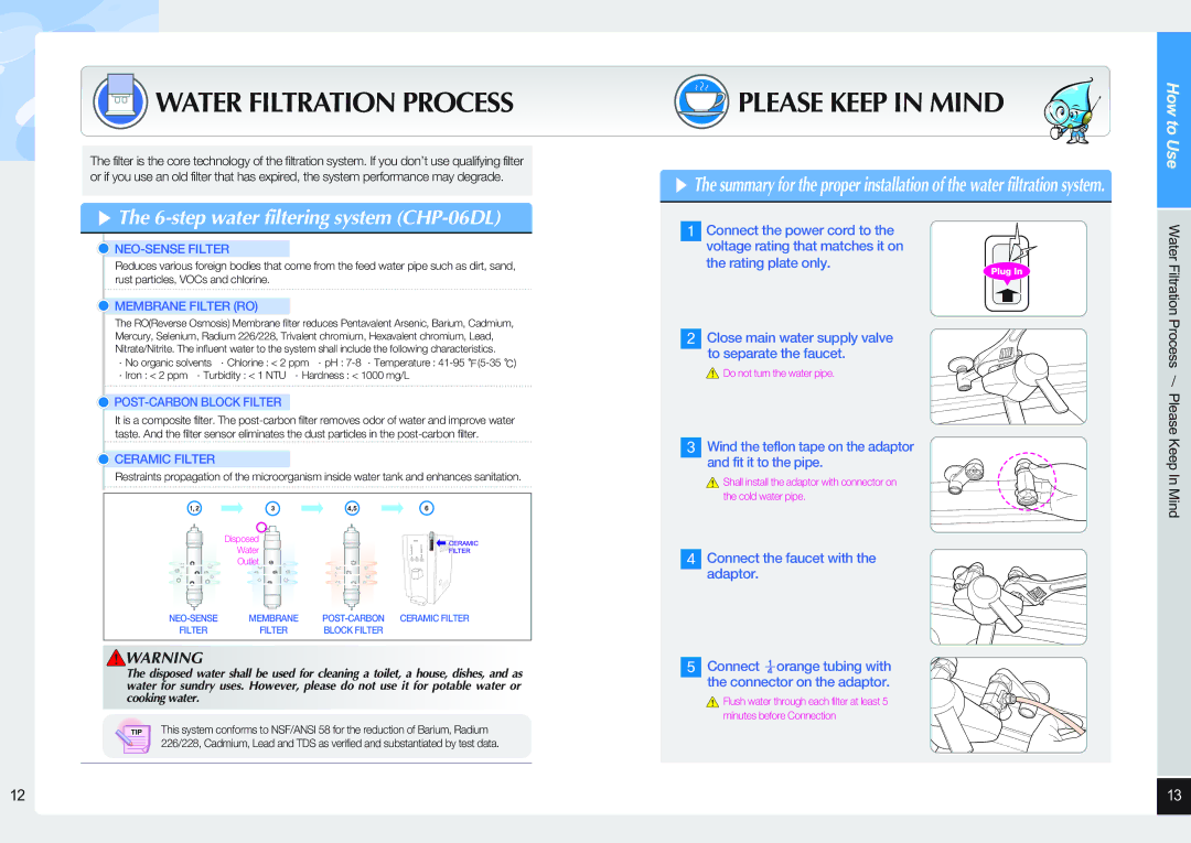 Coway Water Filtration Process, Please Keep in Mind, step water filtering system CHP-06DL, Please Keep In Mind 