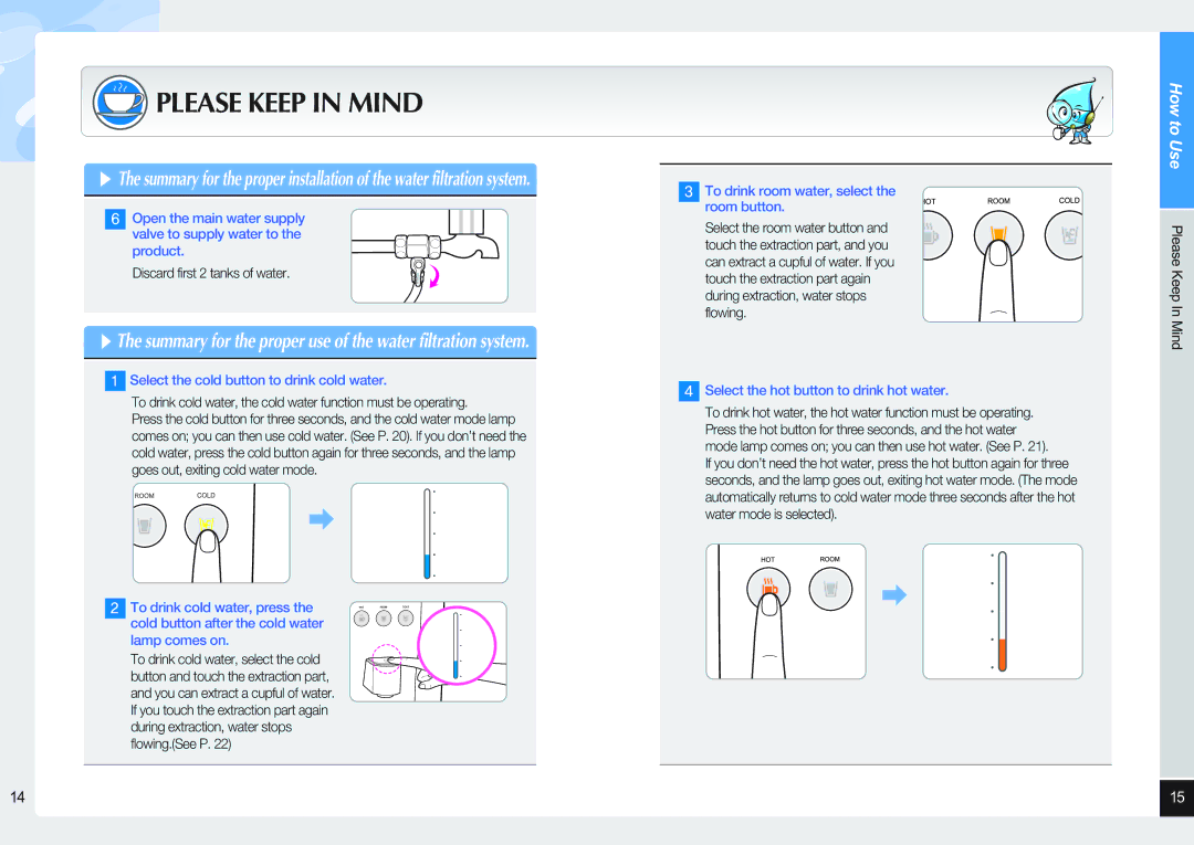 Coway CHP-06DL user manual Summary for the proper use of the water filtration system, Discard first 2 tanks of water 