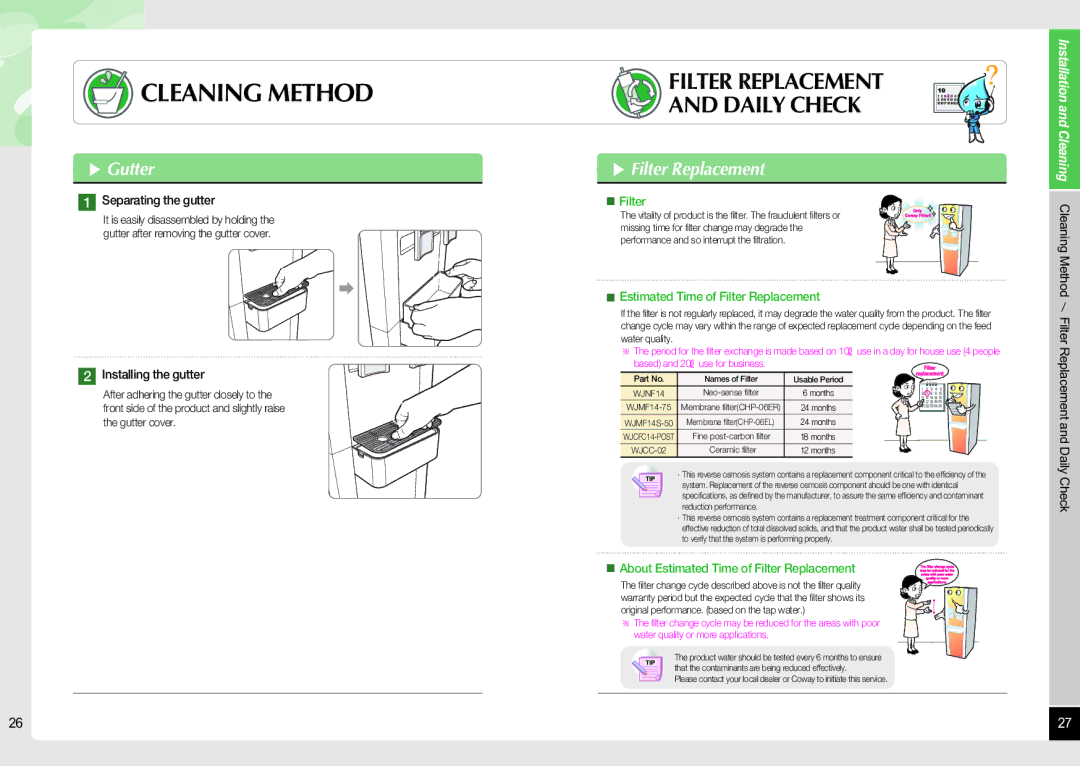 Coway CHP-06EL, CHP-06ER/L manual Gutter, Filter Replacement, Separating the gutter, Installing the gutter 