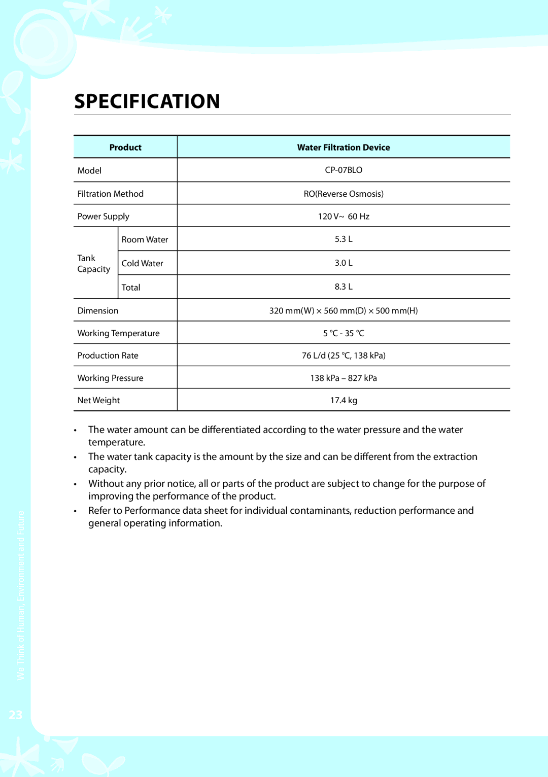 Coway CP-07BLO warranty Specification, Product Water Filtration Device 