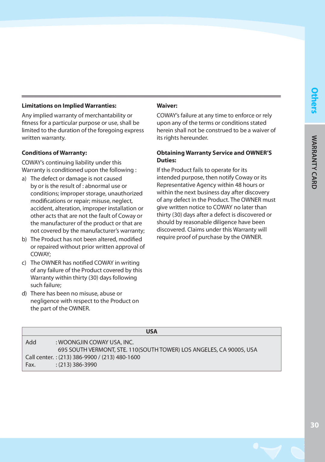 Coway CP-07BLO warranty Limitations on Implied Warranties, Conditions of Warranty, Waiver 