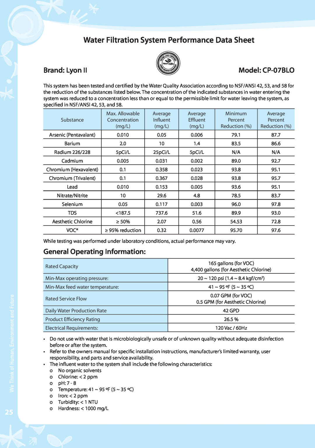 Coway warranty Water Filtration System Performance Data Sheet, Brand Lyon, General Operating Information, Model CP-07BLO 