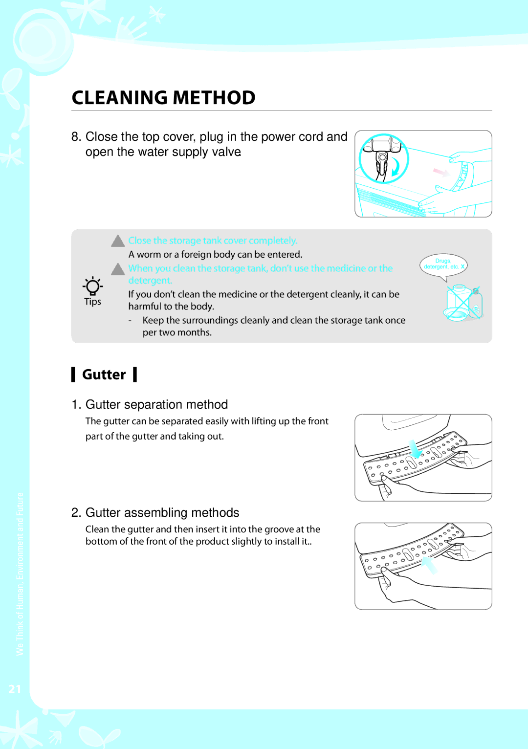 Coway CPE-06ALB, CPE-06ALW warranty Gutter separation method, Gutter assembling methods 