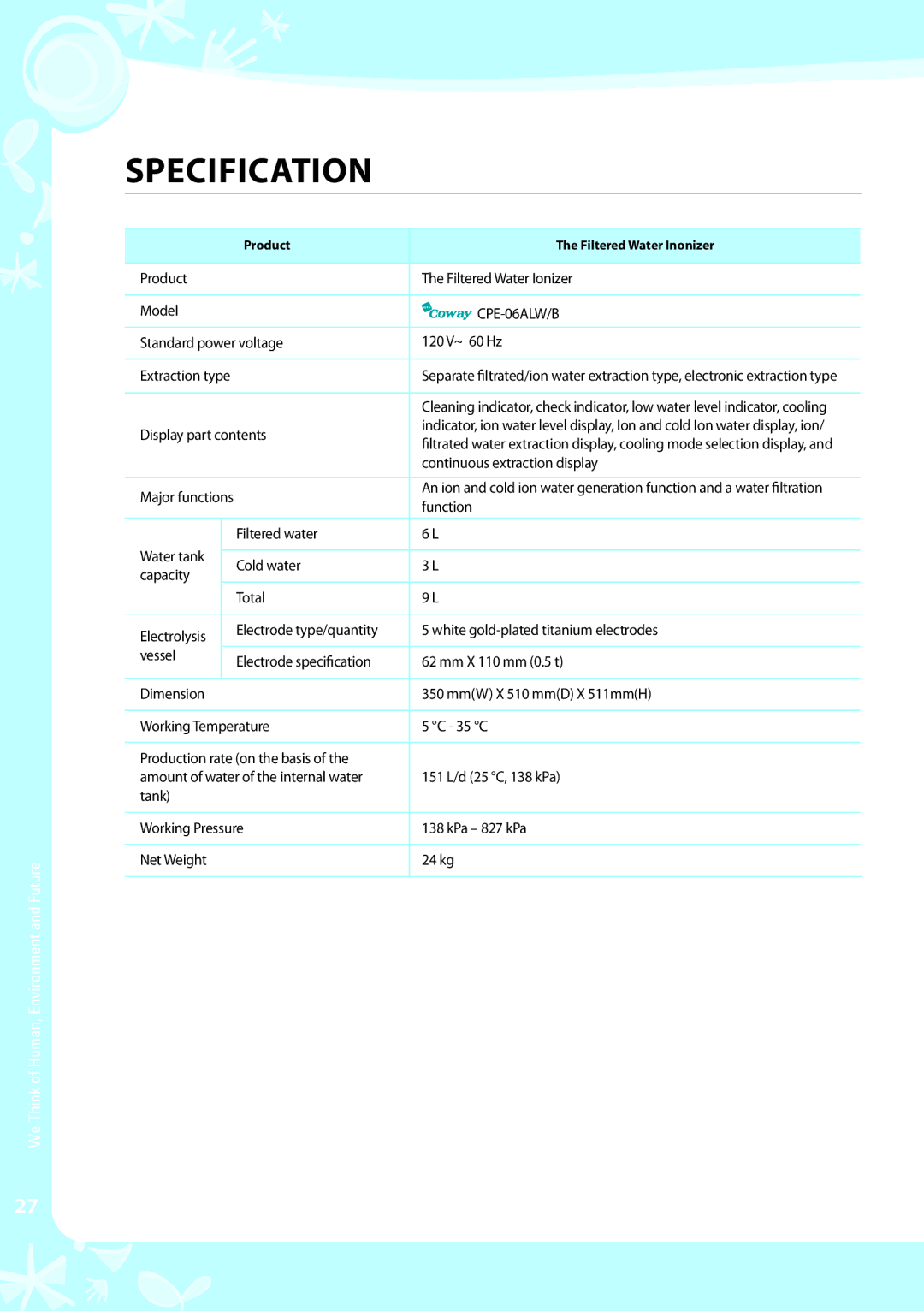 Coway CPE-06ALB warranty Specification, CPE-06ALW/B 