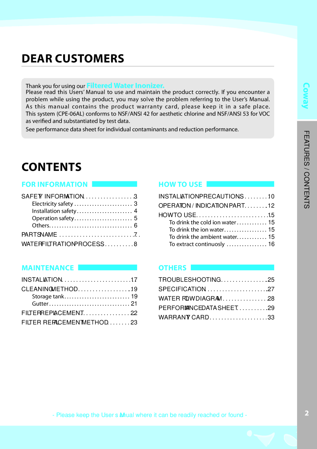 Coway CPE-06ALB, CPE-06ALW warranty Dear Customers, Contents 