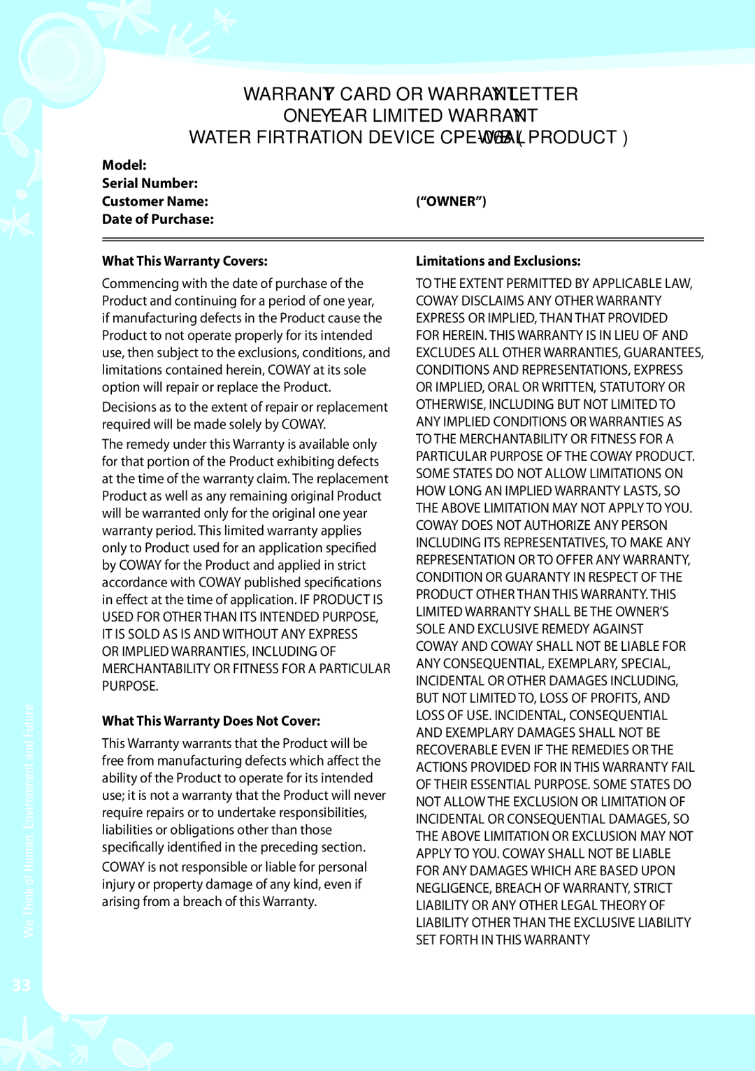 Coway CPE-06ALB, CPE-06ALW warranty What This Warranty Does Not Cover, Limitations and Exclusions 