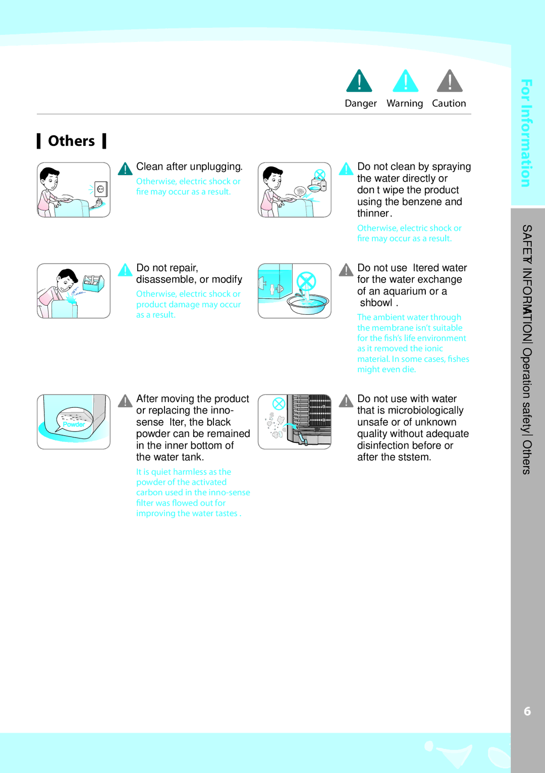 Coway CPE-06ALB warranty Ionat Operation, Safety Others, Clean after unplugging, Do not repair, disassemble, or modify 