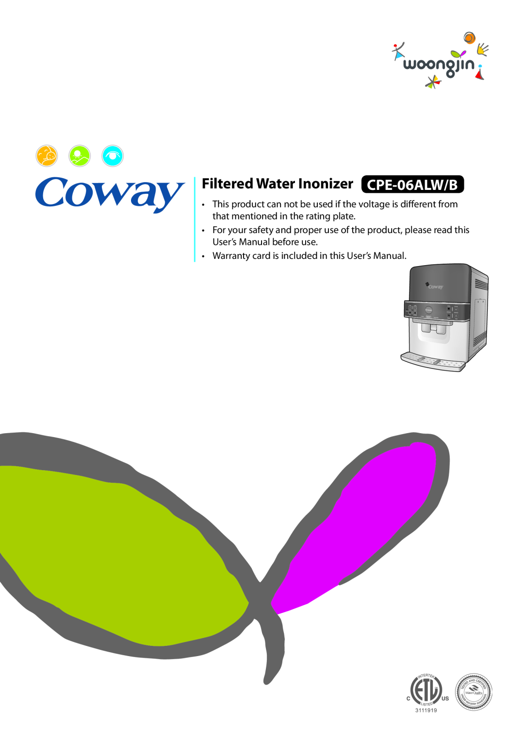 Coway CPE-06ALB warranty Filtered Water Inonizer CPE-06ALW/B 