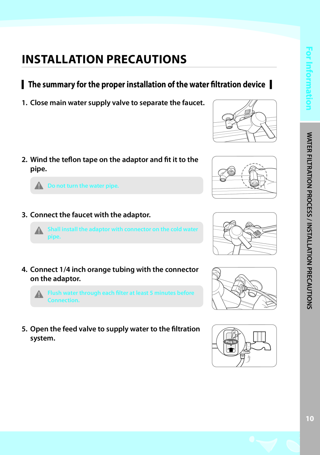 Coway CPE-06ALW, CPE-06ALB warranty Installation precautions, Close main water supply valve to separate the faucet 
