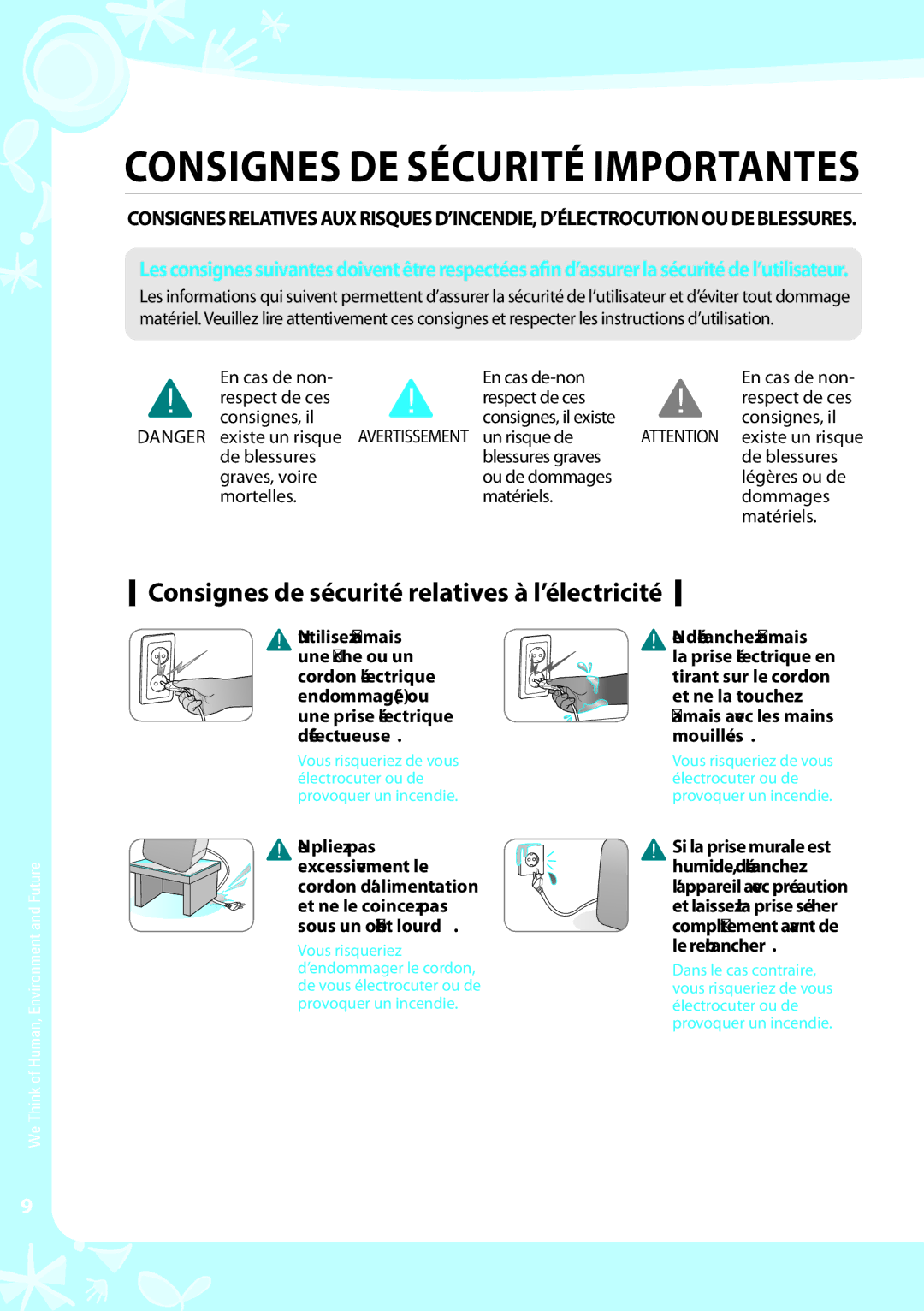 Coway EW-07GU warranty Consignes DE Sécurité Importantes, Consignes de sécurité relatives à l’électricité 