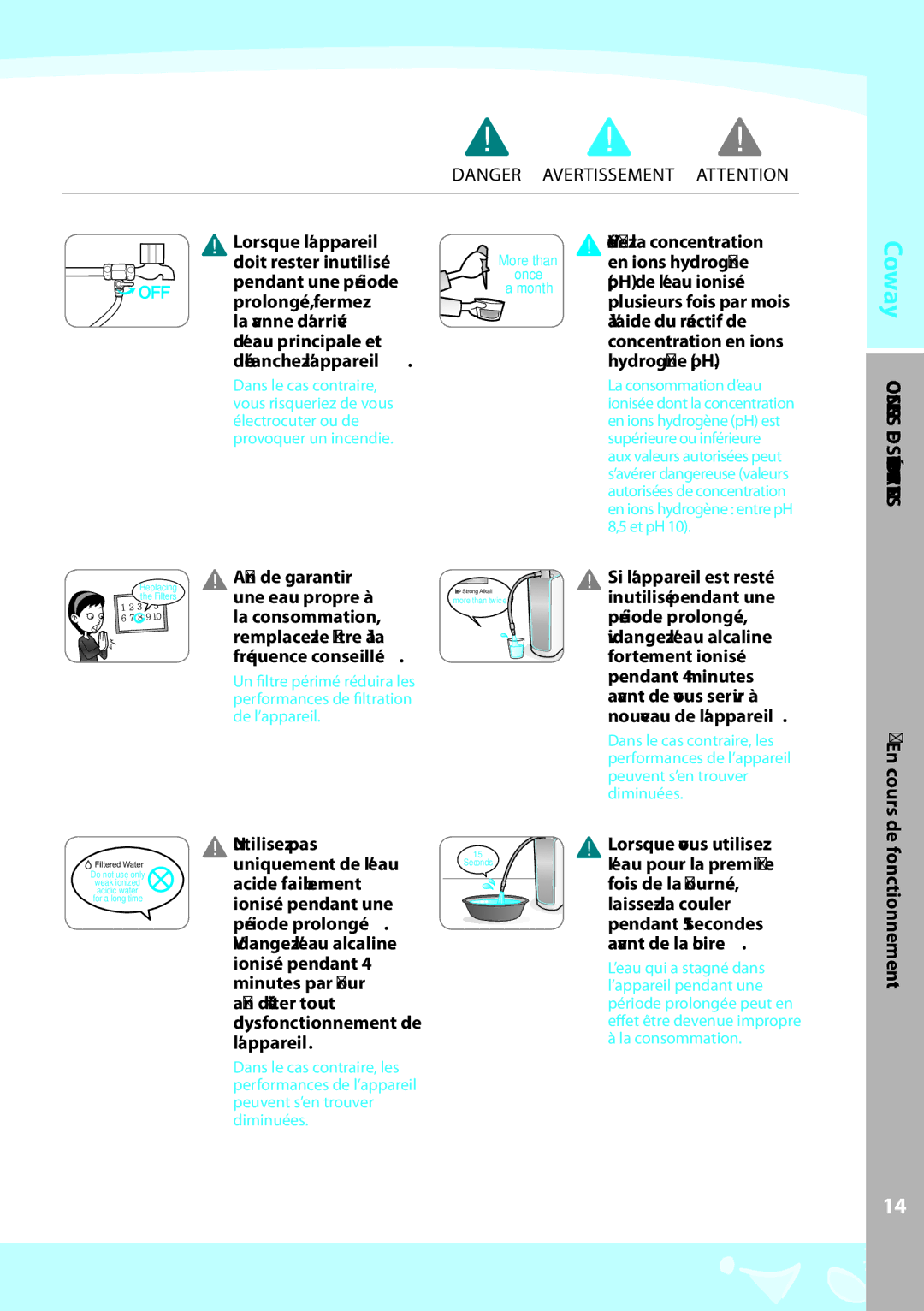 Coway EW-07GU warranty Afin d’éviter tout dysfonctionnement de l’appareil, ’aide du réactif de 