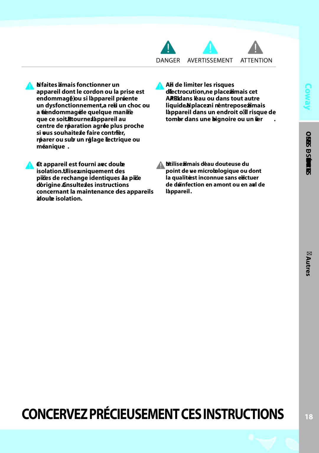 Coway EW-07GU warranty Concervezprécieusementcesinstructions 