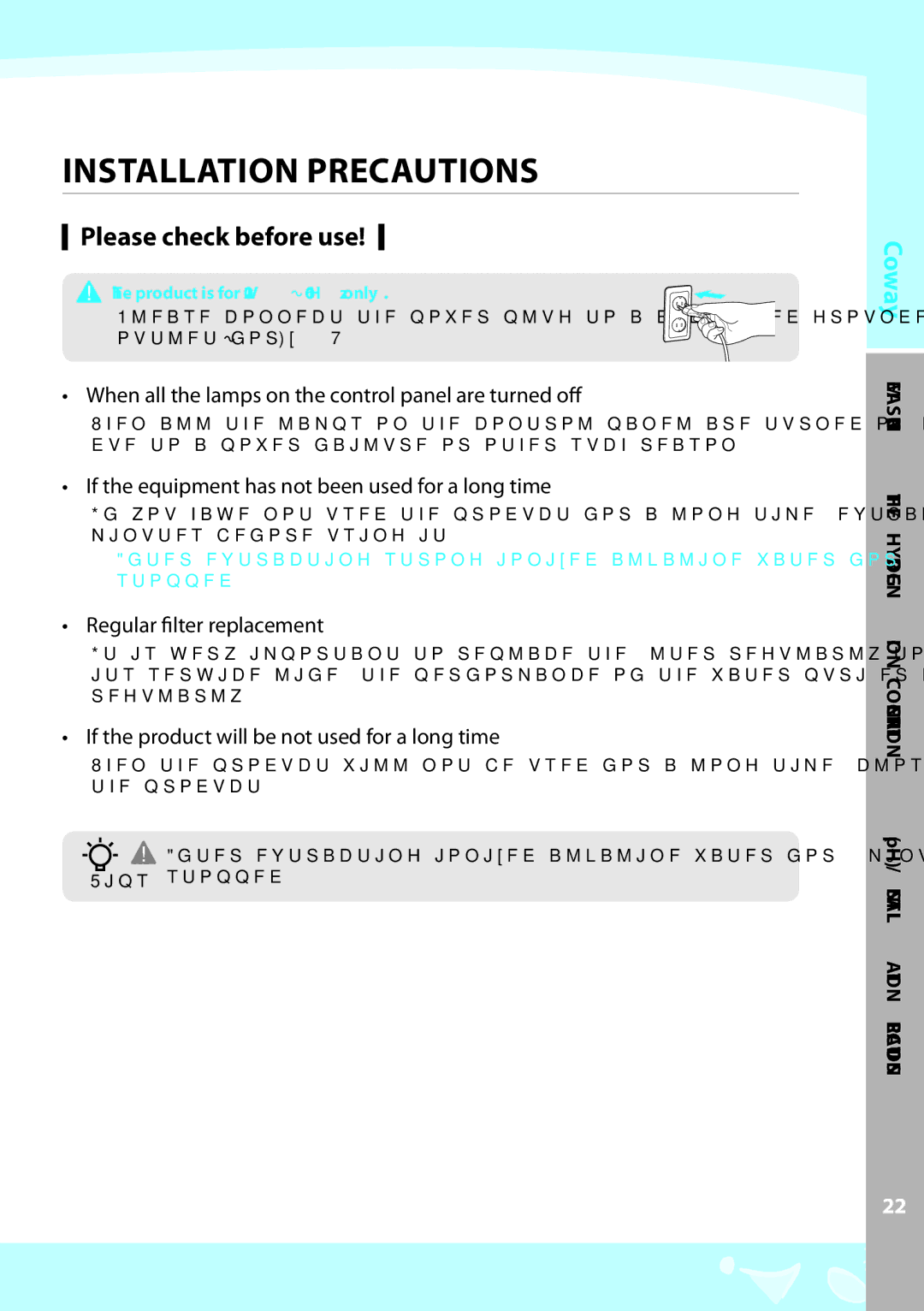 Coway EW-07GU warranty Installation precautions, Please check before use 