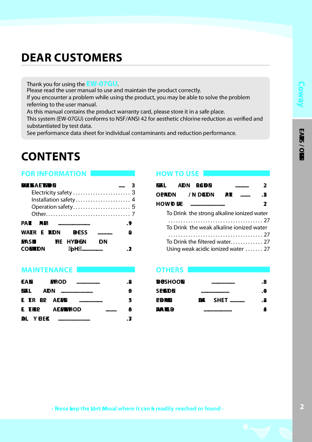 Coway EW-07GU warranty Dear Customers, Contents 