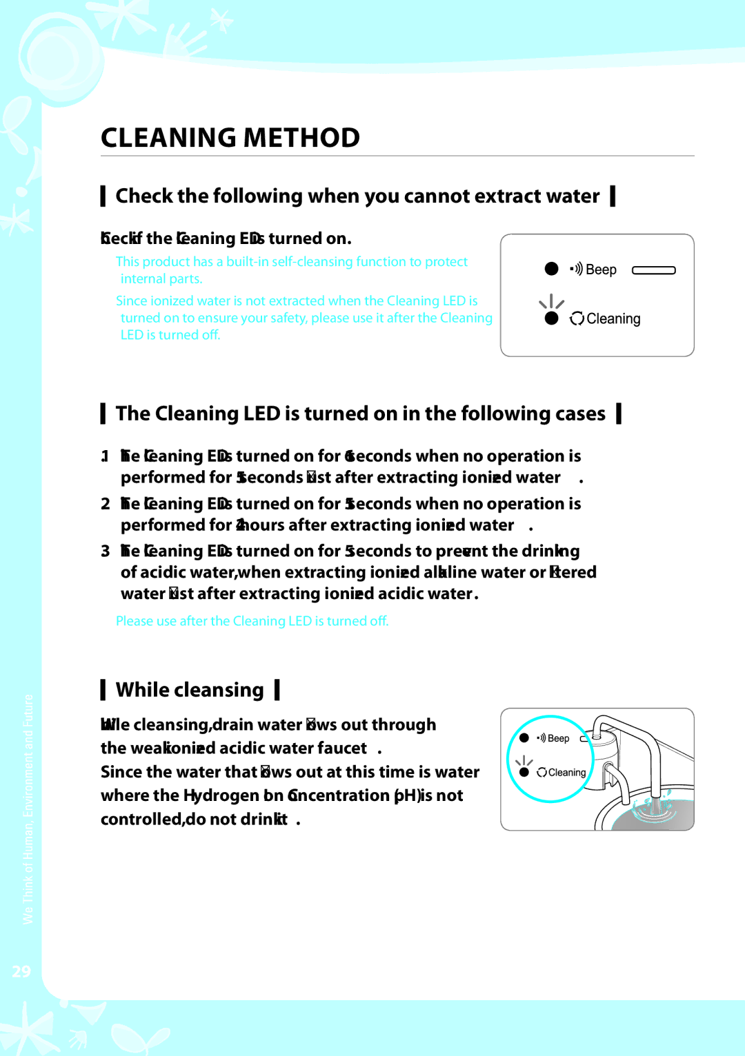 Coway EW-07GU warranty Check the following when you cannot extract water, Cleaning LED is turned on in the following cases 