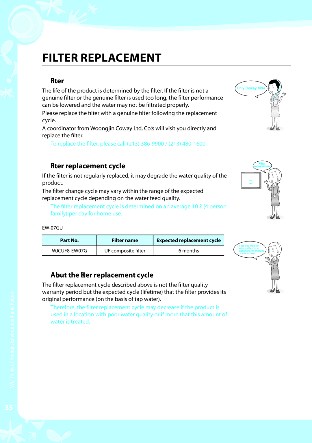 Coway EW-07GU warranty  Filter replacement cycle,  About the filter replacement cycle 