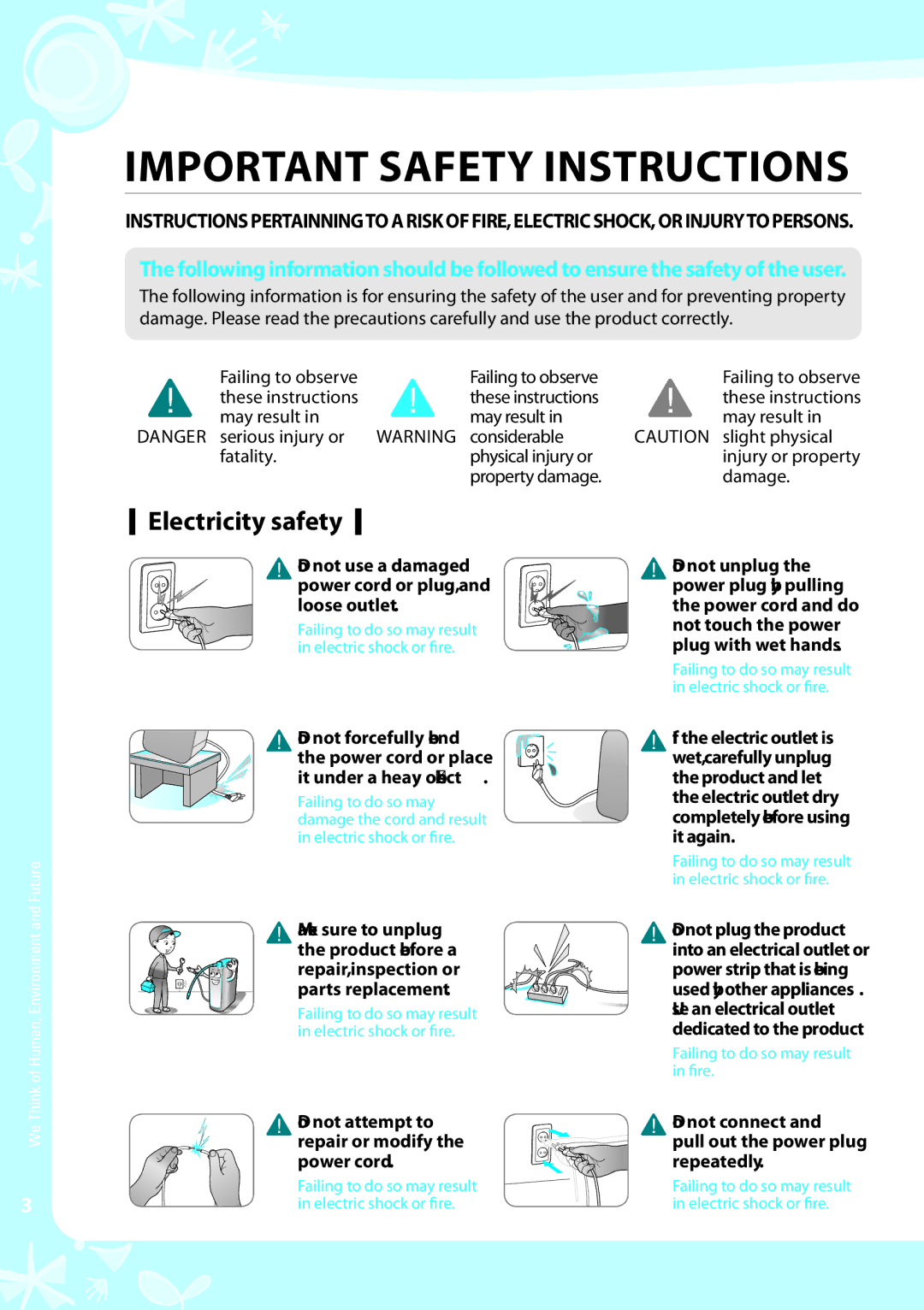 Coway EW-07GU warranty Electricity safety, Do not use a damaged power cord or plug, and loose outlet 