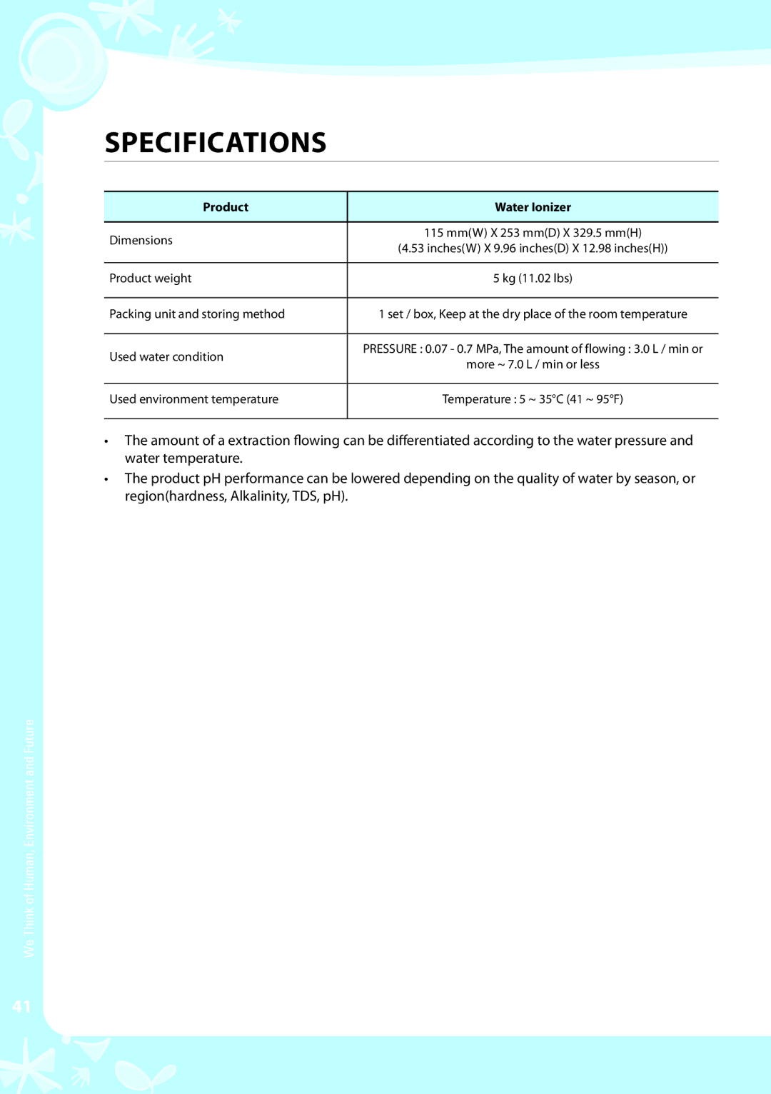 Coway EW-07GU warranty Dimensions MmW X 253 mmD X 329.5 mmH 