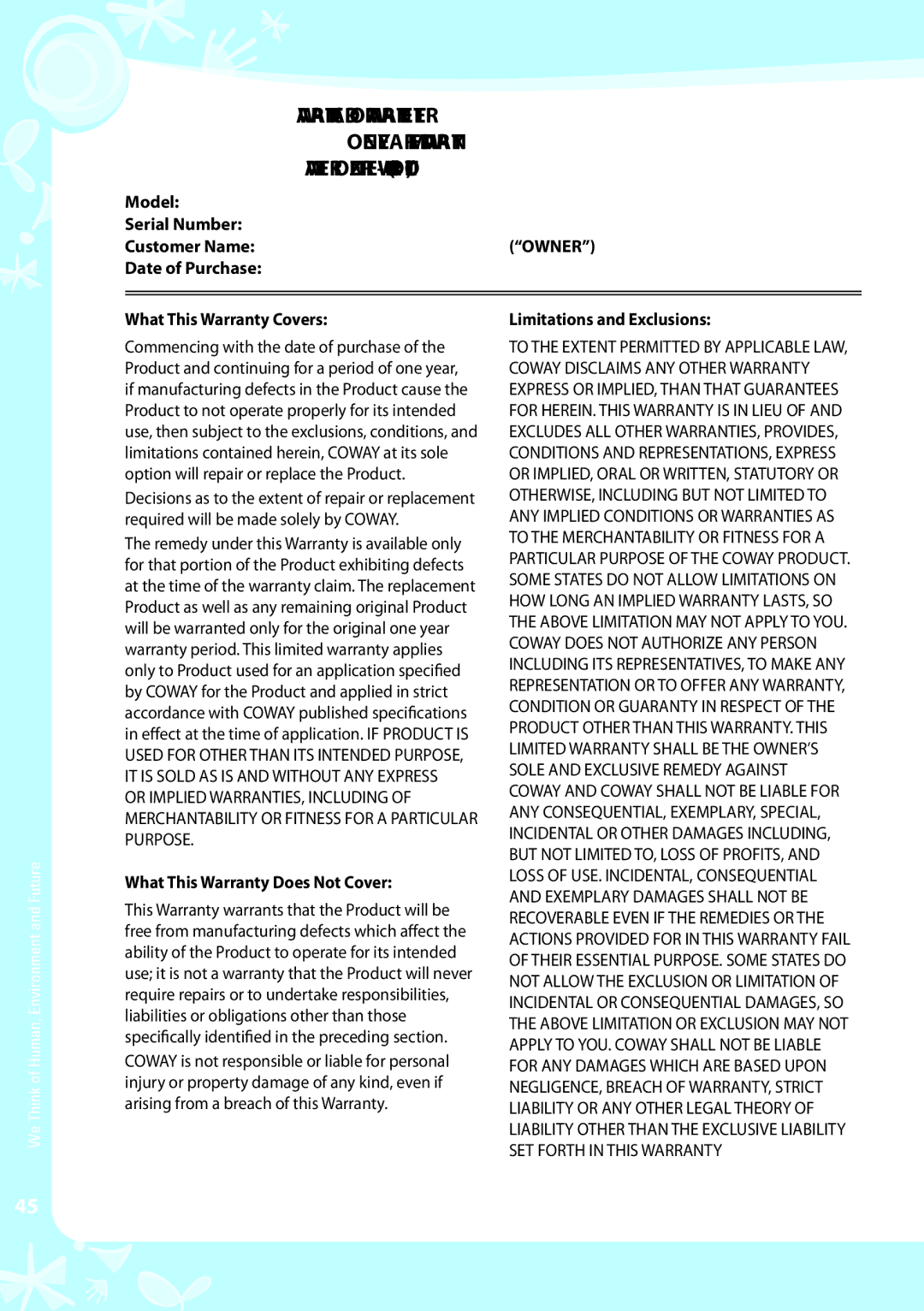 Coway EW-07GU warranty What This Warranty Does Not Cover, Limitations and Exclusions 