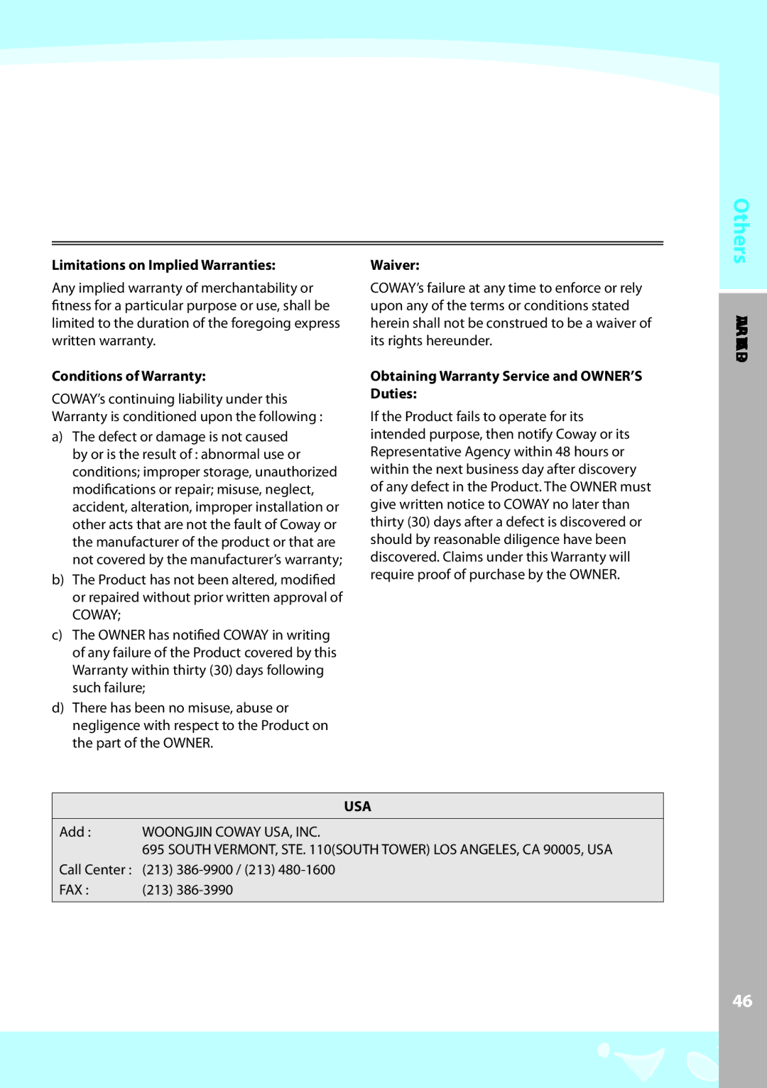 Coway EW-07GU warranty Limitations on Implied Warranties, Conditions of Warranty, Waiver 